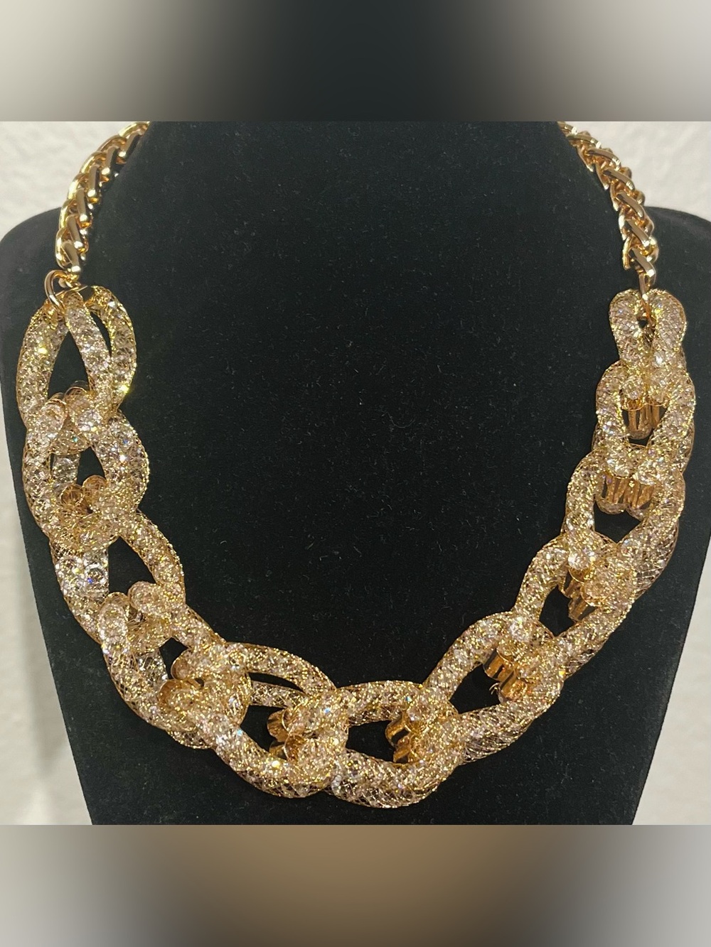 Sikely Gold Crystal Mesh Link Statement Necklace